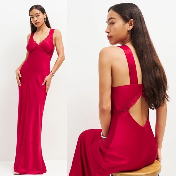 Reformation Dresses & Skirts - Reformation Chania Silk Charmeuse Lace Trim Maxi Dress Cherry Red NEW with tags